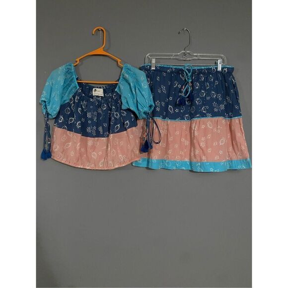 Anthropologie Kopal Women Blue Pink Mohini Skirt Boho Combo Set Size Large - Picture 2 of 11